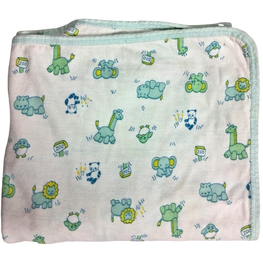 Vintage Carter's White Animals Baby Blanket‎ 2ply Green Blue Zoo Lion Cotton